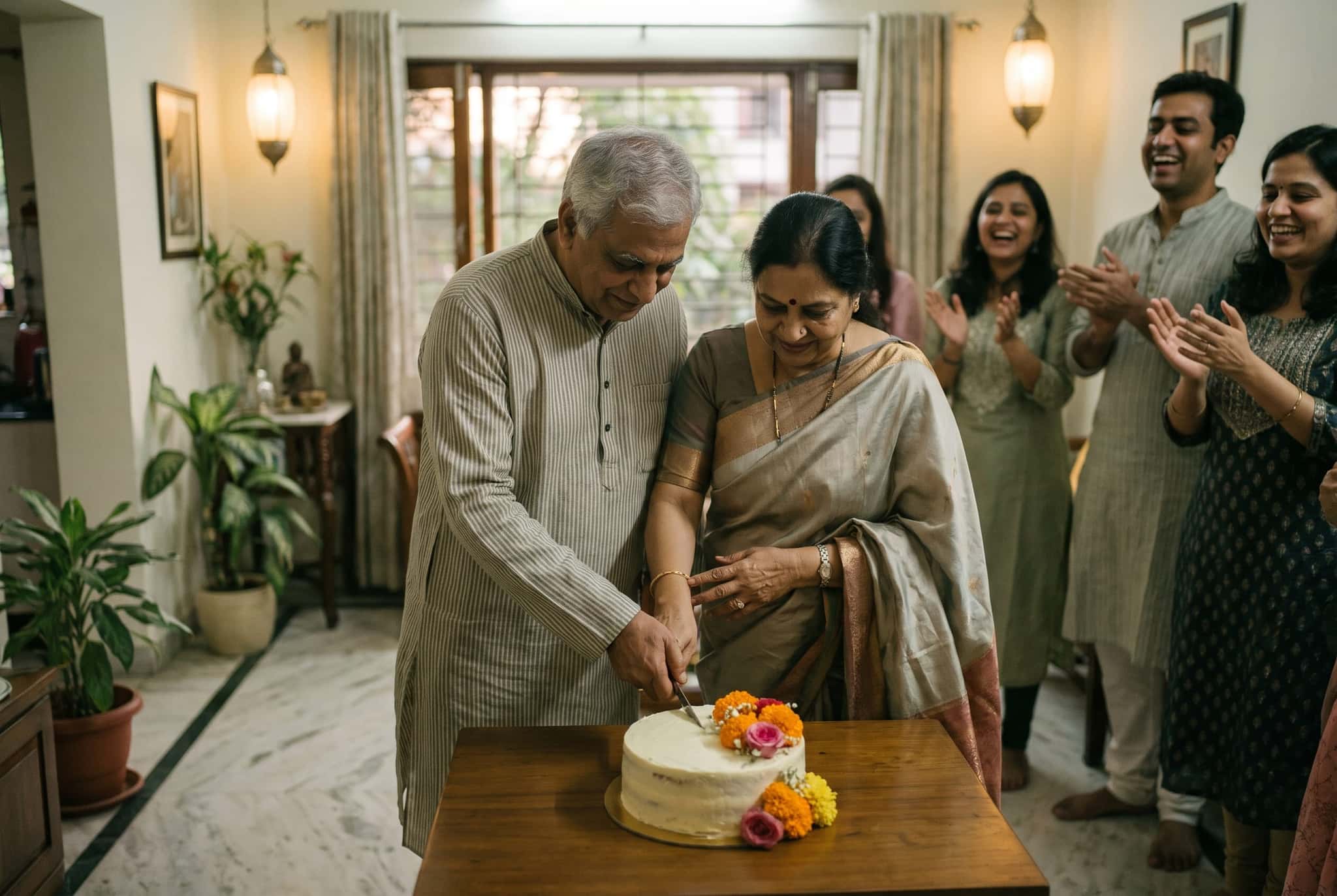 An older couple cuts a cake at their anniversary celebration