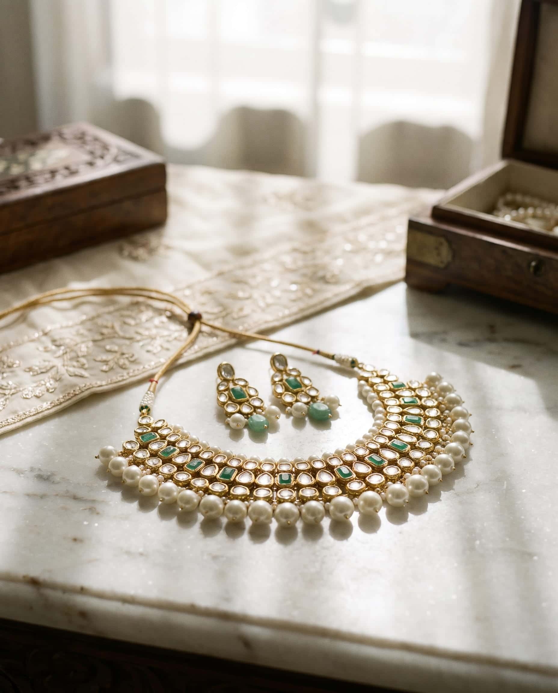 Kundan jewellery photographed on white marble