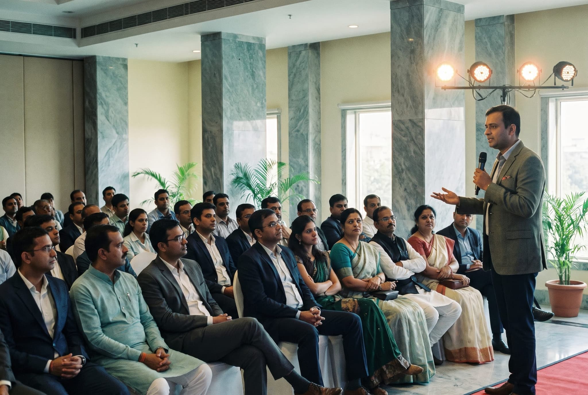 A speaker addresses an audience at a corporate event