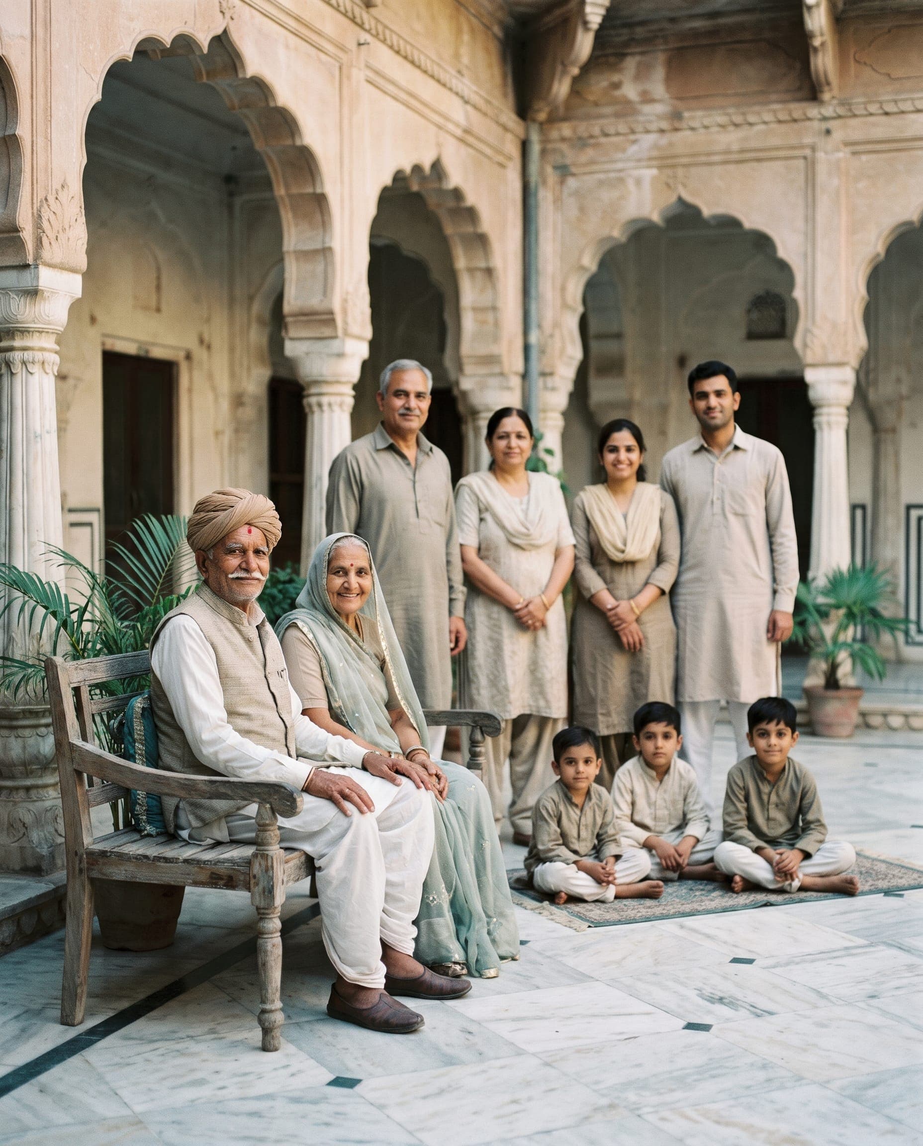 Three generations of a family pose together in a haveli courtyard