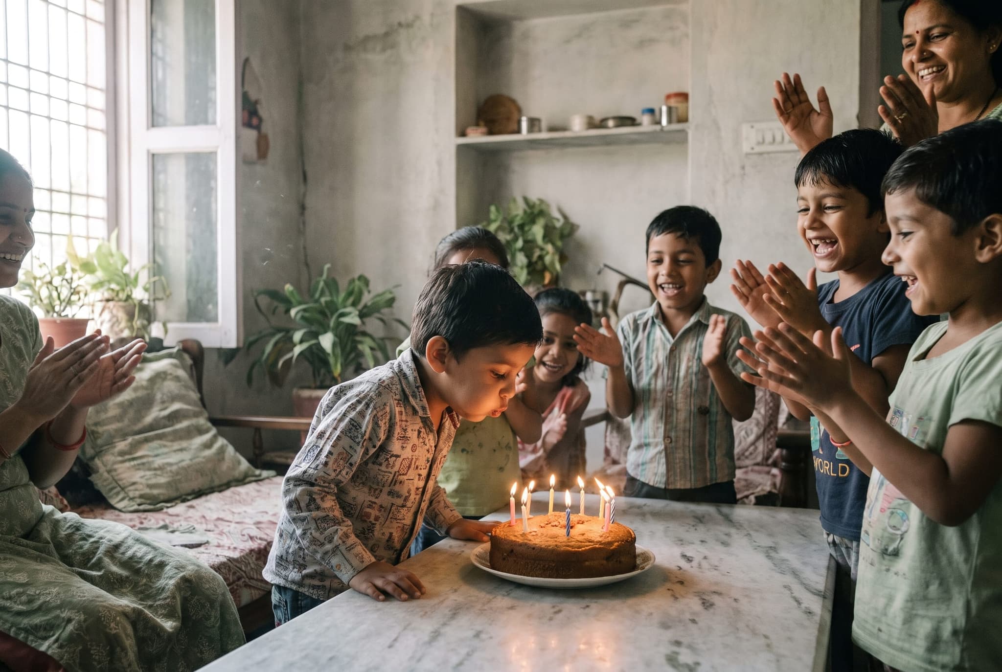 Children cheer as a birthday child blows out the candles