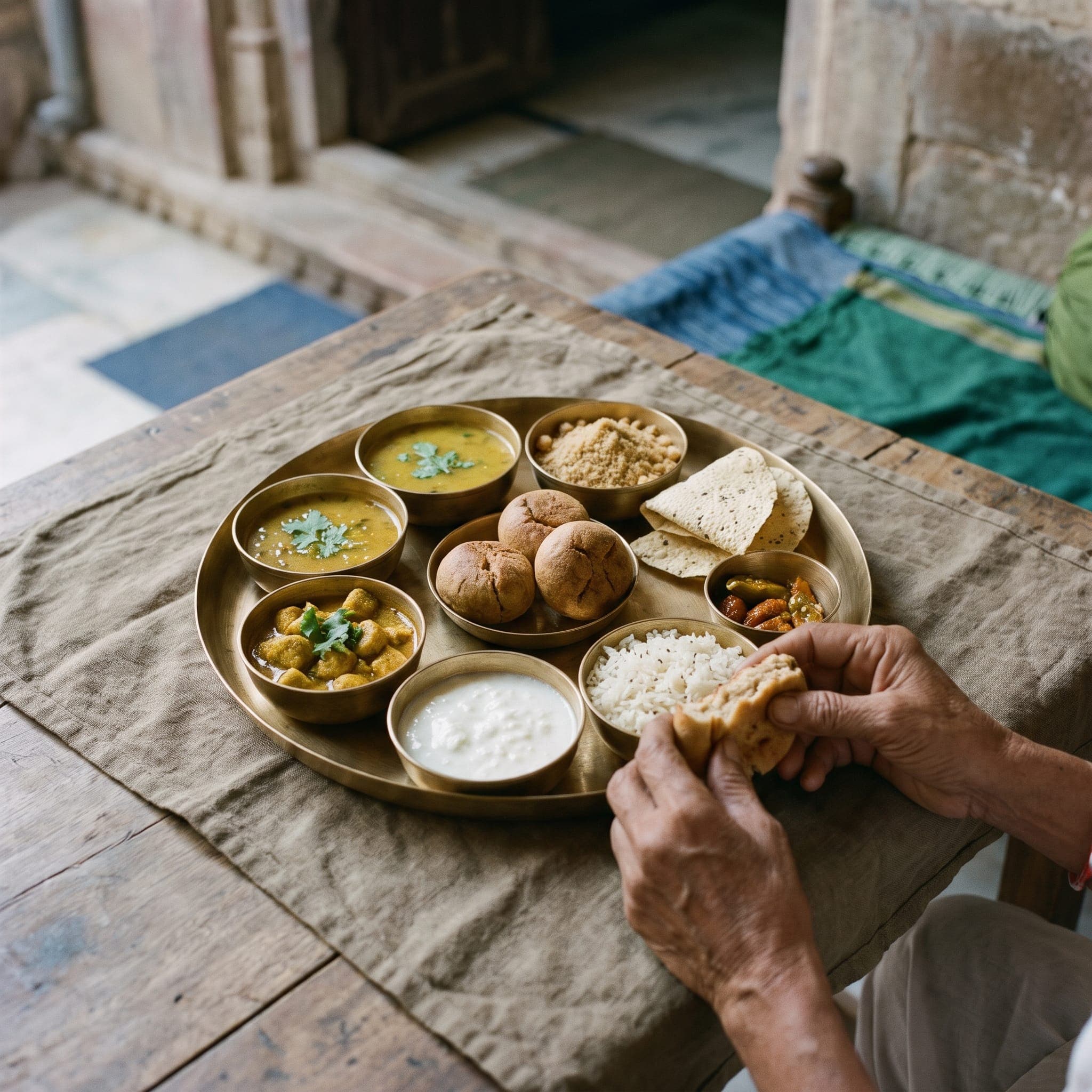 Overhead shot of a Rajasthani thali for a restaurant menu