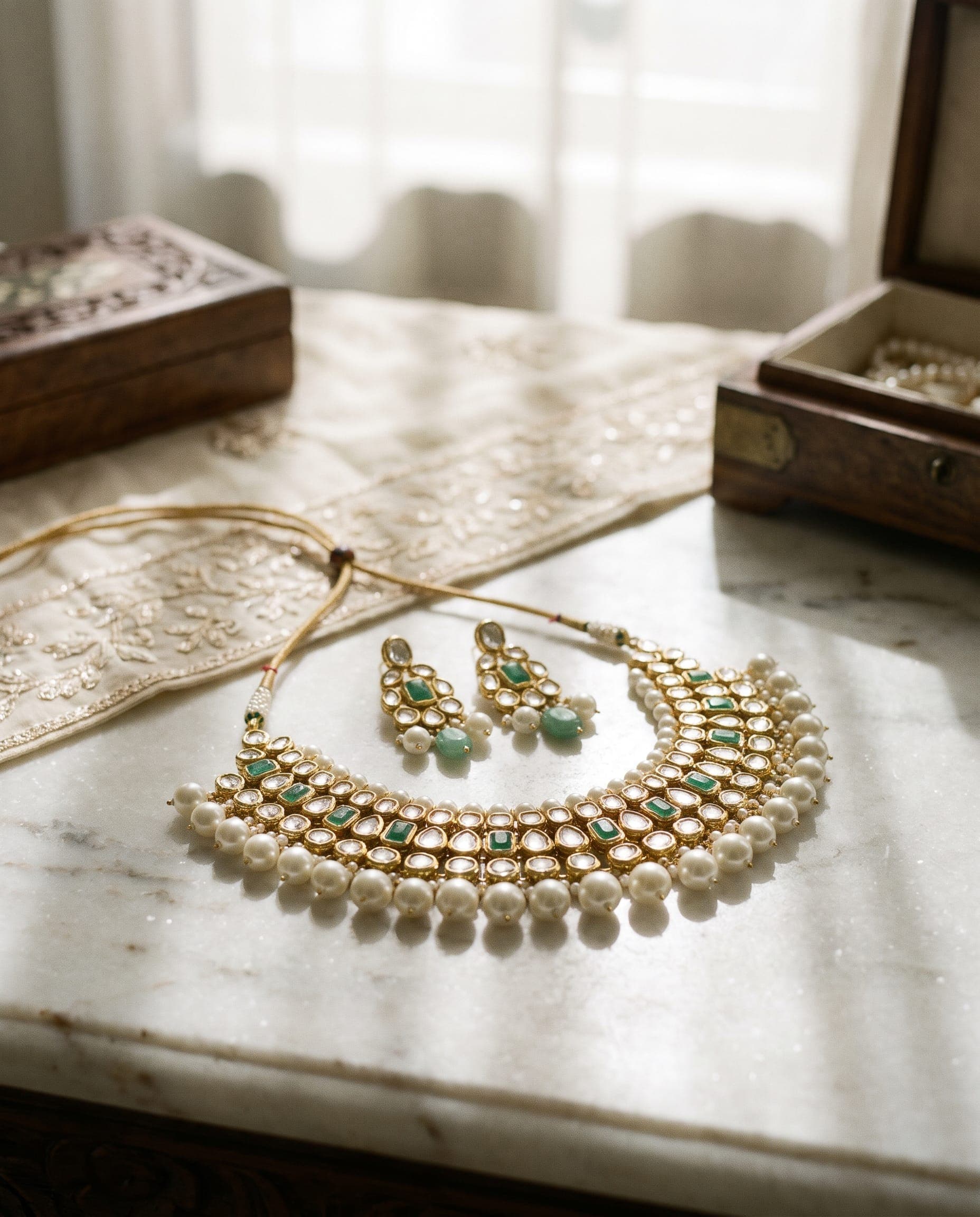 Kundan jewellery photographed on white marble
