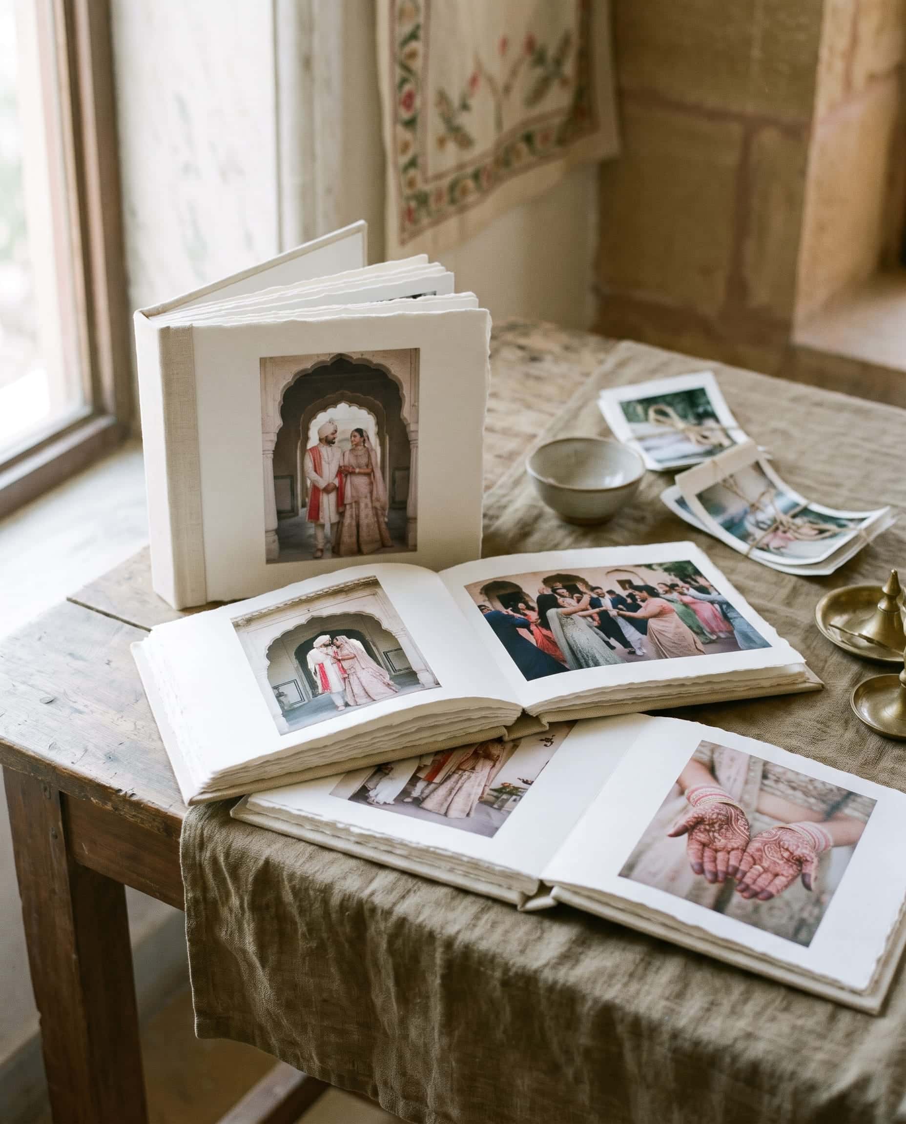 An open handmade wedding album on a linen table