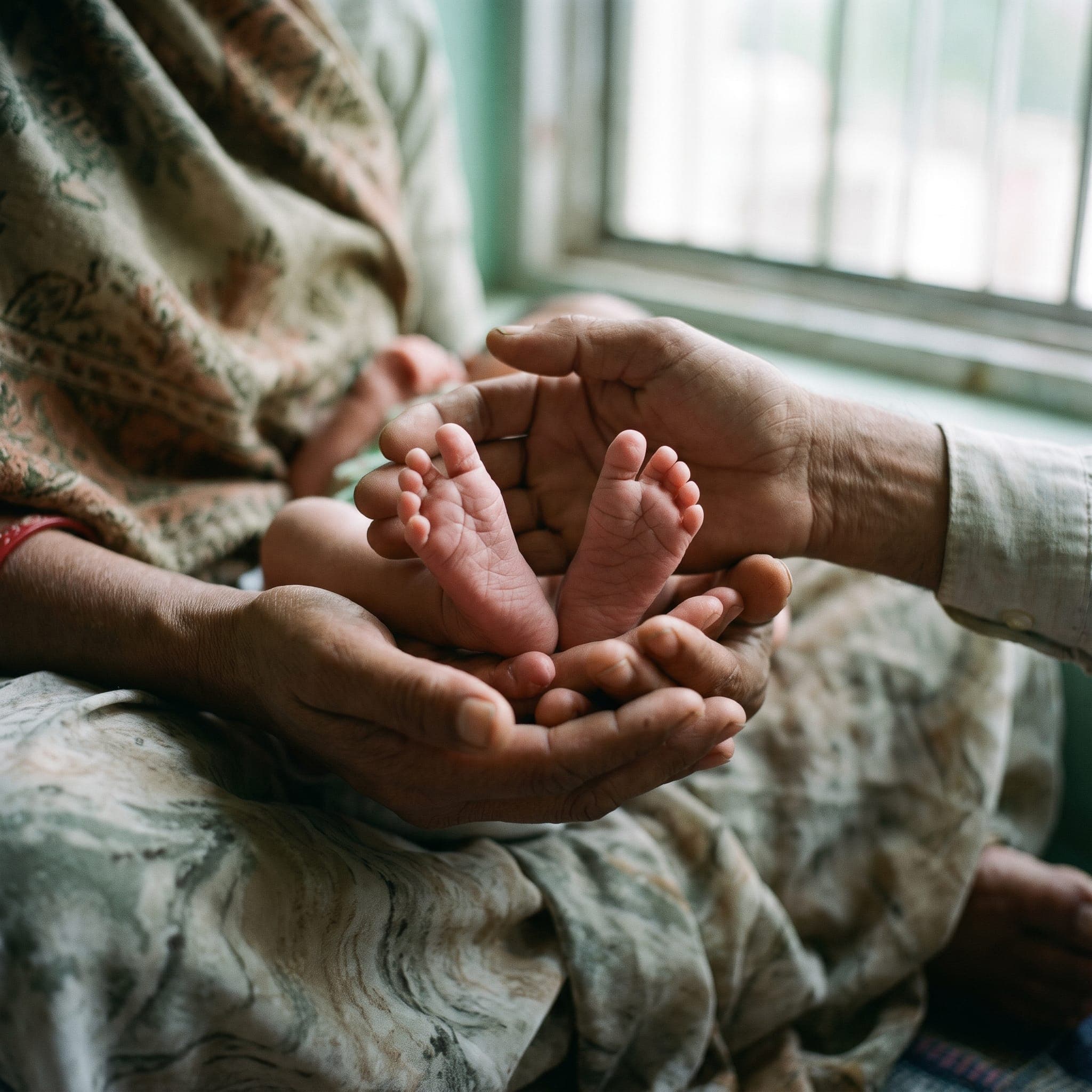 A baby's tiny feet held in their parents' hands