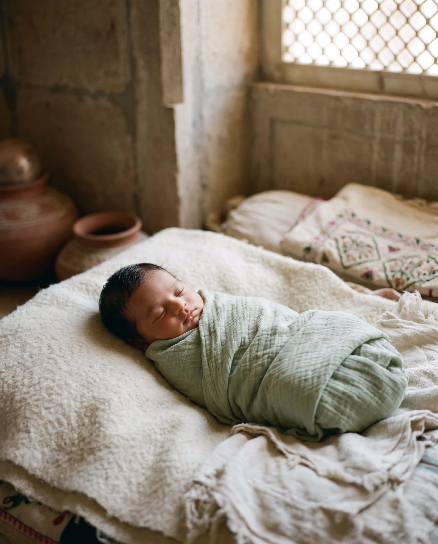 A newborn sleeps wrapped in a muslin cloth on a soft neutral backdrop
