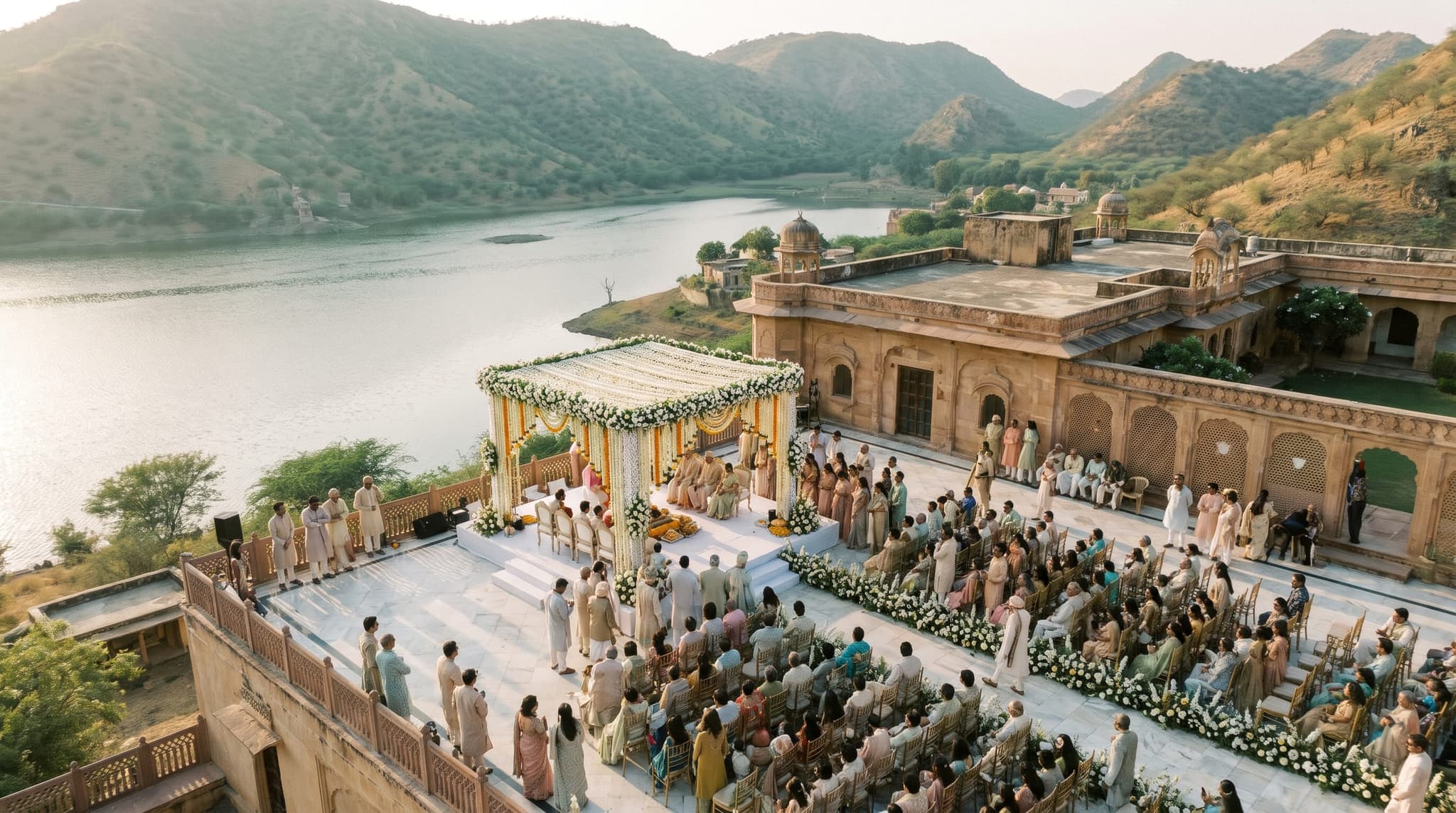 Aerial view of a lakeside wedding venue with a decorated mandap