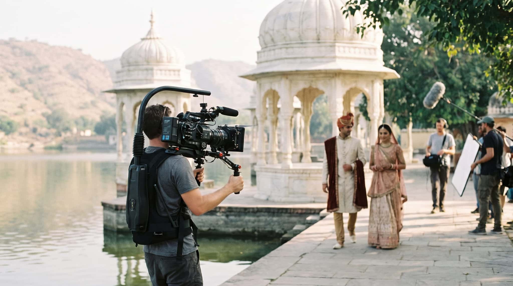 A cinematographer films a couple on a gimbal beside a lake