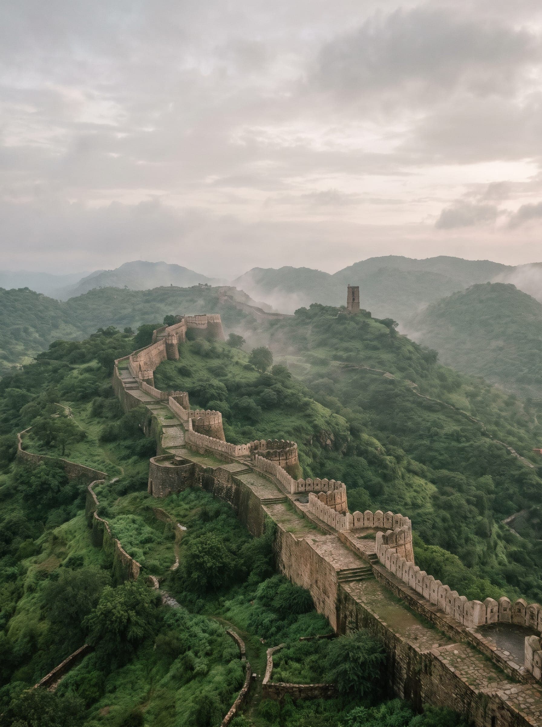The walls of Kumbhalgarh fort winding over green hills