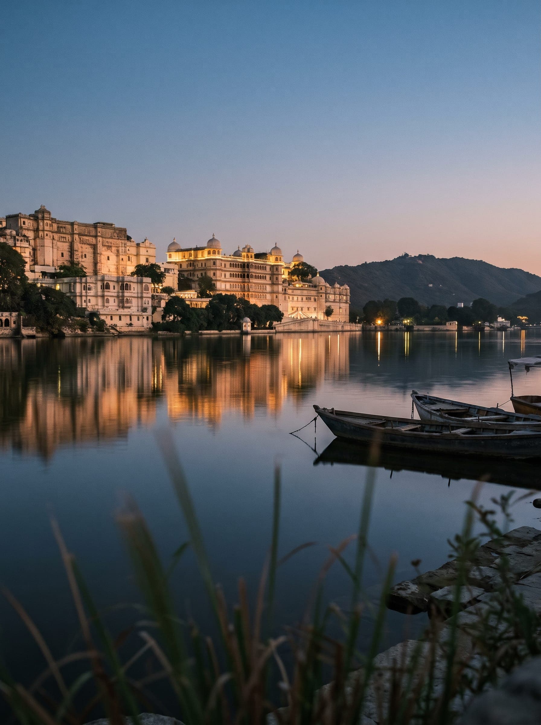 Lake Pichola and the City Palace of Udaipur at dusk