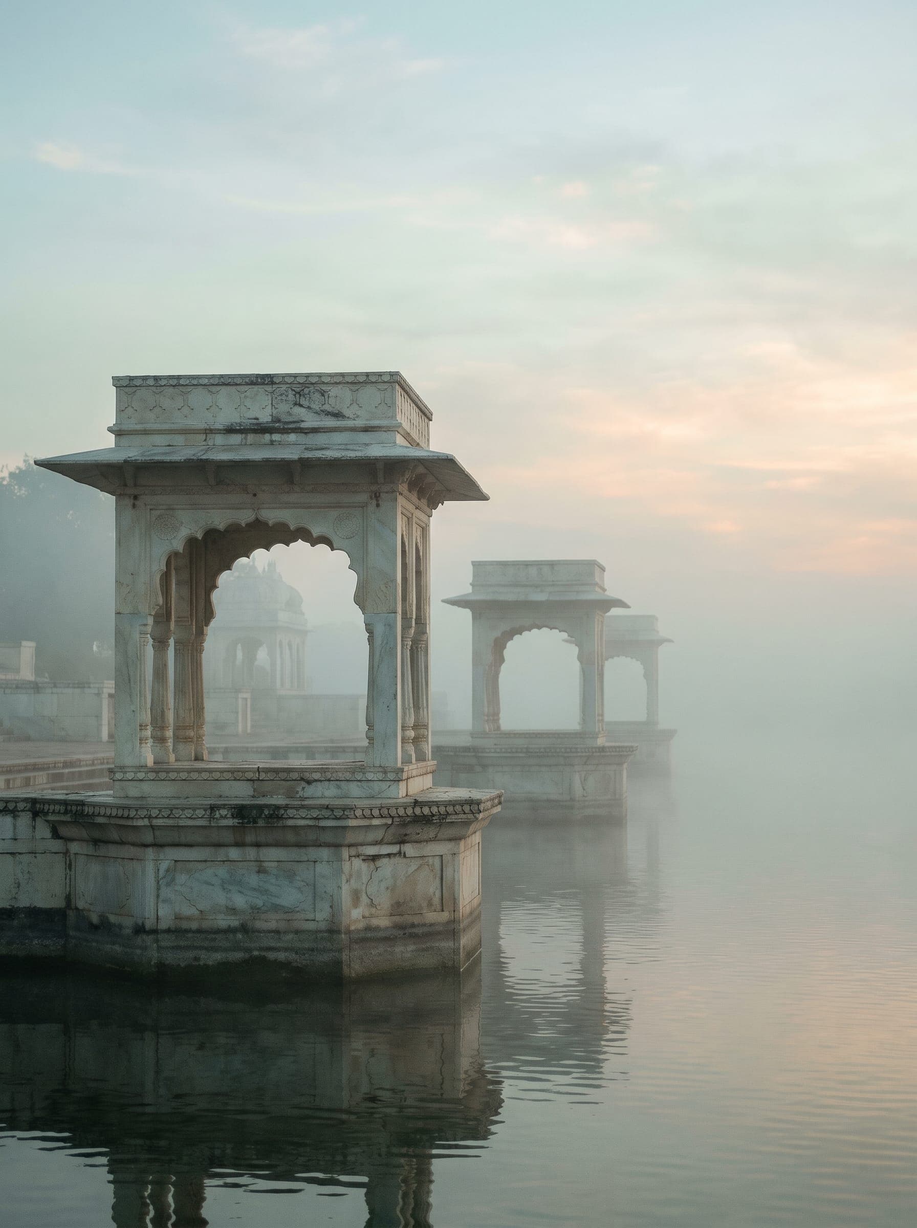 The white marble ghats and pavilions of Rajsamand lake at sunrise