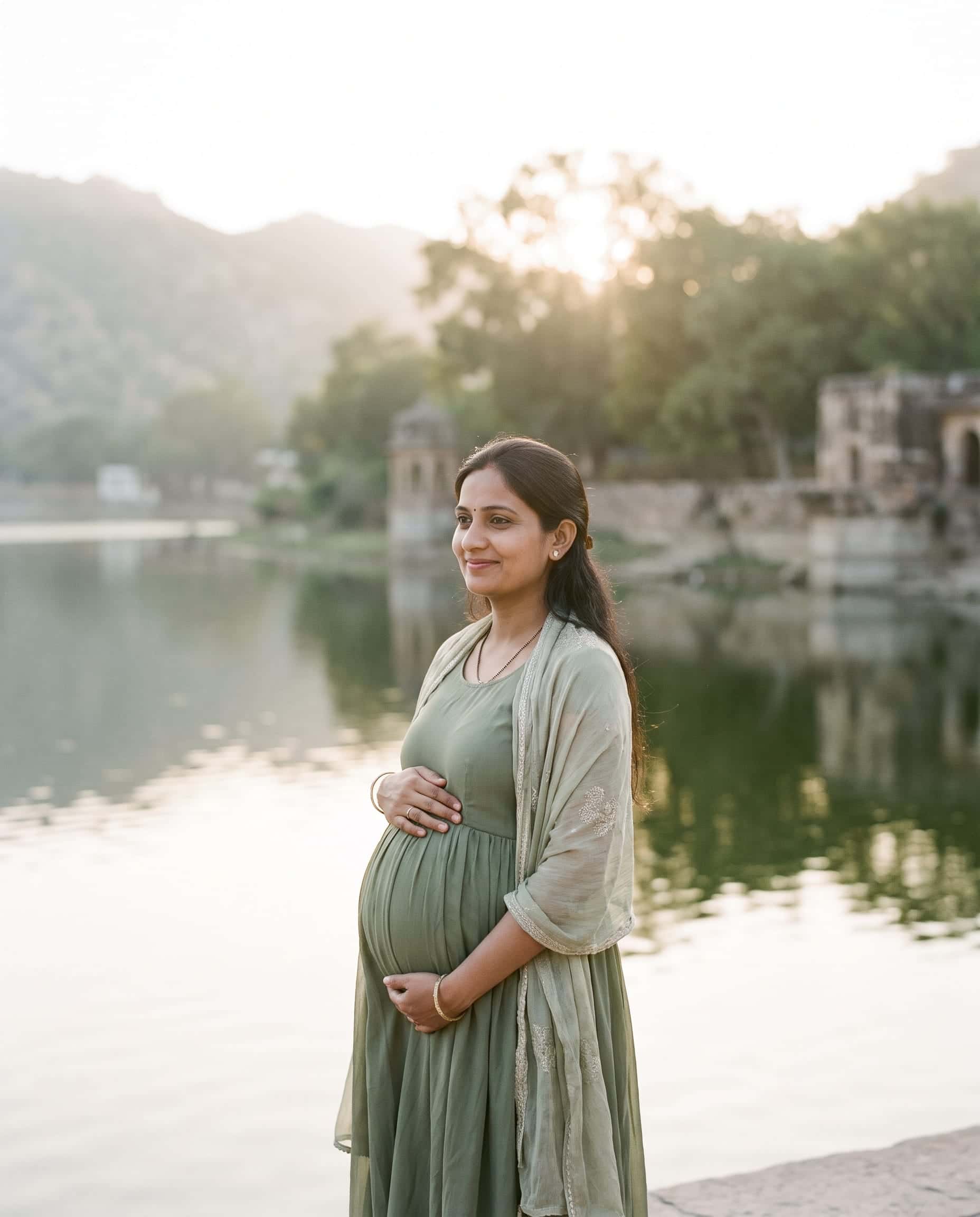 An expecting mother in a flowing gown stands by a lake in soft light