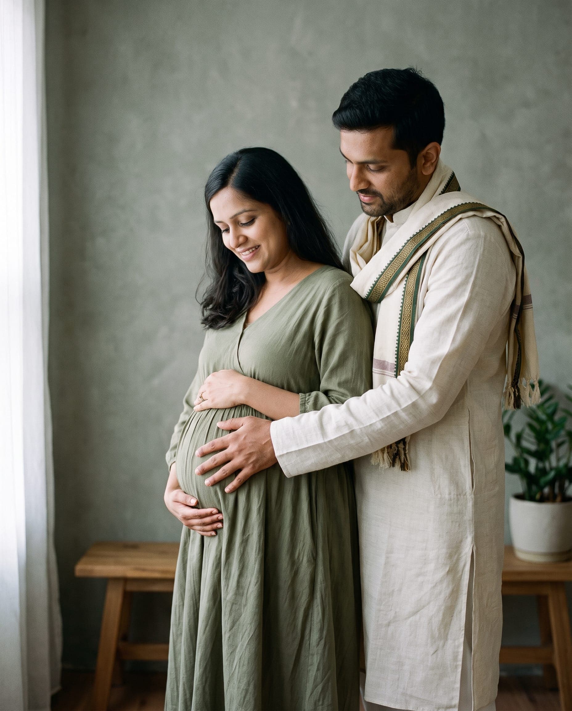 Studio maternity portrait of a couple in soft window light